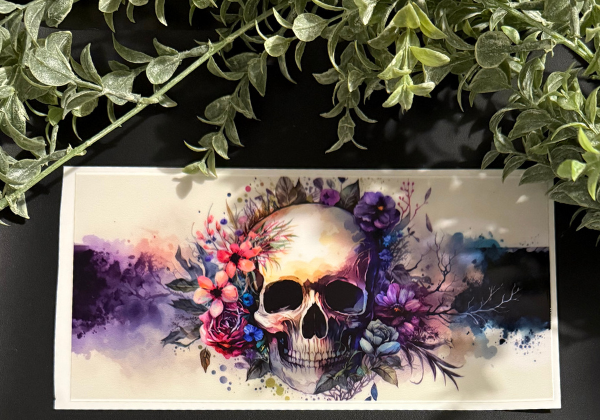 Tumbler Decal - Purple Flower Skull With Beige Banner