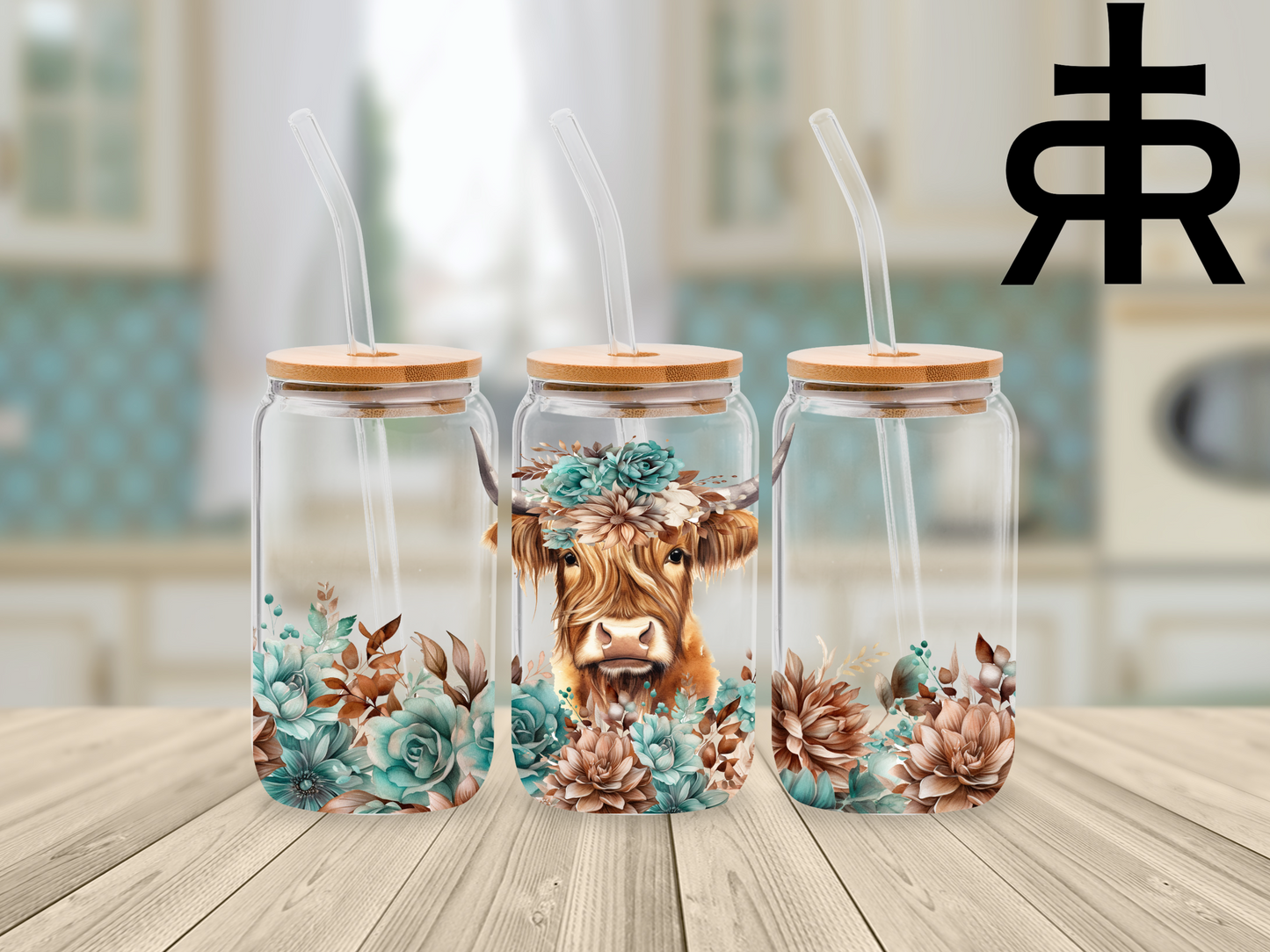 Highland Cow Teal and Brown Flowers