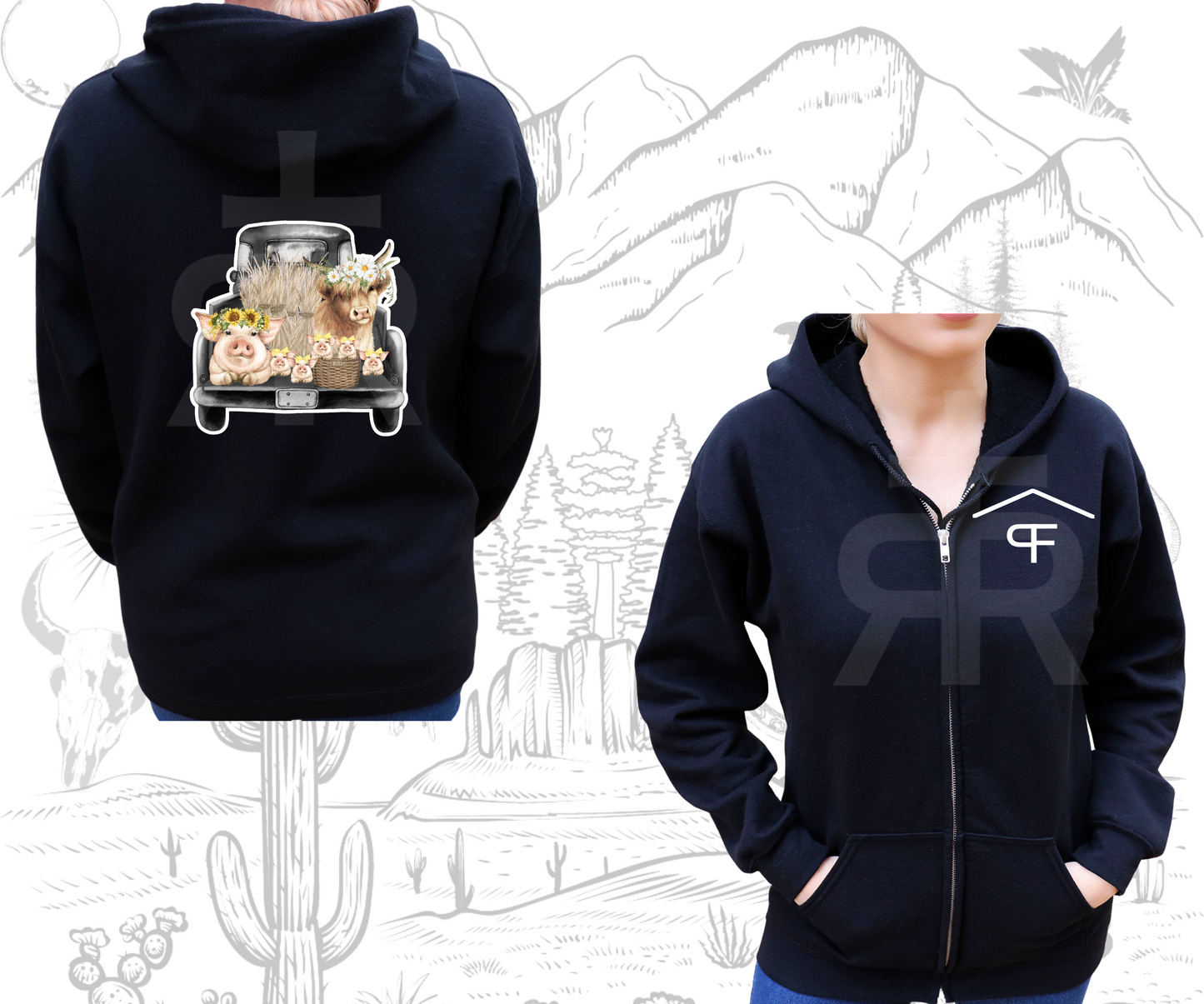 Highland Cow and Pig In Truck - Zip Up