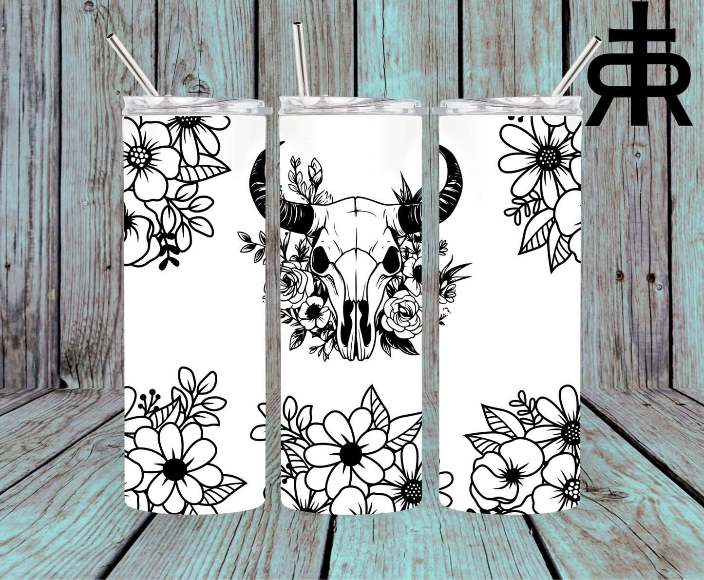 Floral Bull Skull - B/W