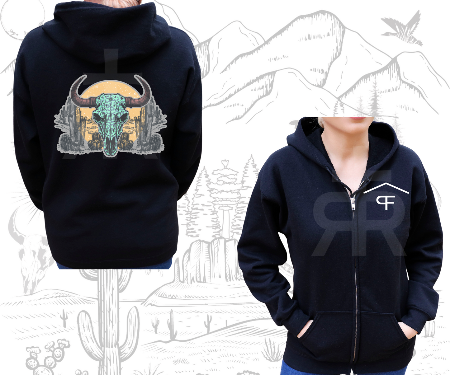Teal Bull Skull in Desert - Zip Up