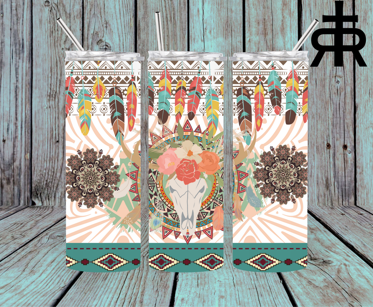 Bull Skull with Flowers In Aztec