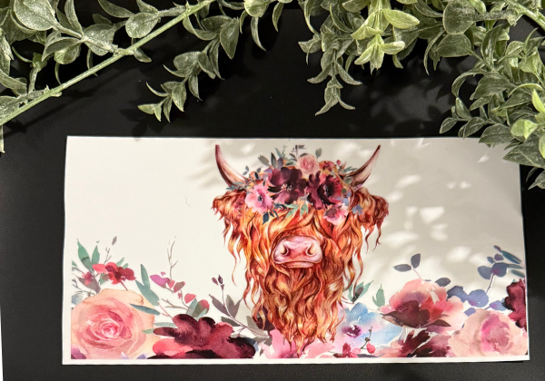 Tumbler Decal - Highland Cow with Pink Flowers
